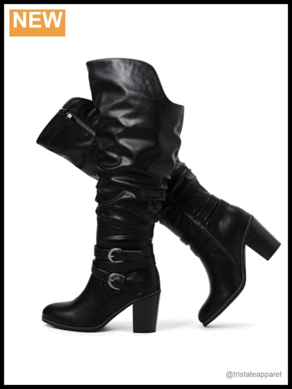 Extra Wide Calf Knee High Boots with Side Zipper - Block Heel Faux Leather
